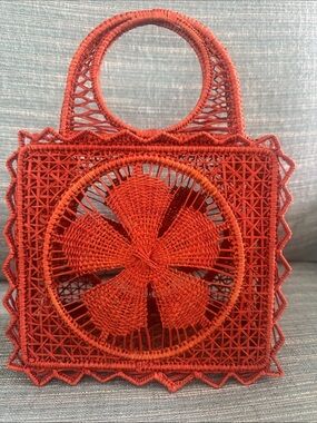 Handwoven Red Woven Tote Bag with Circular Motif